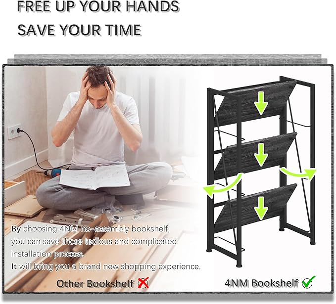 4NM No Assembly Folding Bookshelf Storage Shelves 3 Tiers Vintage Bookcase Standing Racks Study Organizer Home Office (Gray Black)