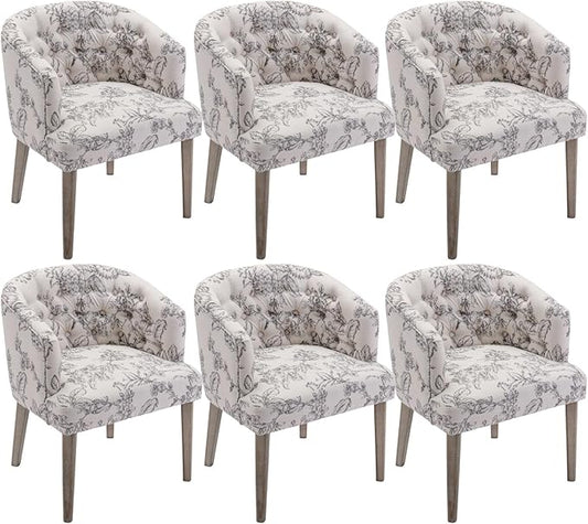 DUOMAY Modern Tufted Dining Chairs Set of 6, Linen Upholstered Side Chair, Comfy Accent Barrel Chair with Wood Legs for Home Kitchen Dining Room Living Room Restaurant, Beige Flower Pattern