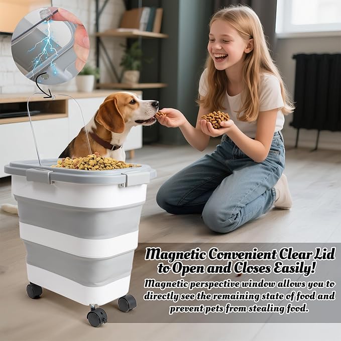 MALLMALL6 Pet Food Storage Container - Collapsible Dog Food Container with Spinner Wheels Scoop and Drying Box, Airtight Multifunctional Exlarge 20-50 LB Food Storage for Rice Cat Pet Kitchen Dry Food
