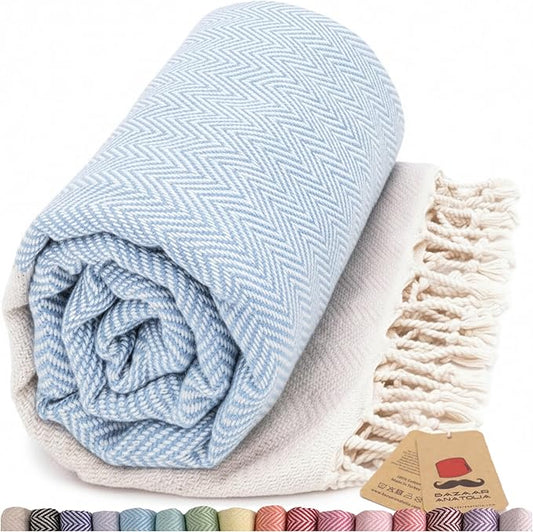 Bazaar Anatolia Turkish Beach Towel 100% Cotton Bath Towels 71x39 Quick Dry Sand Free Lightweight Large Oversized Herringbone Light Blue