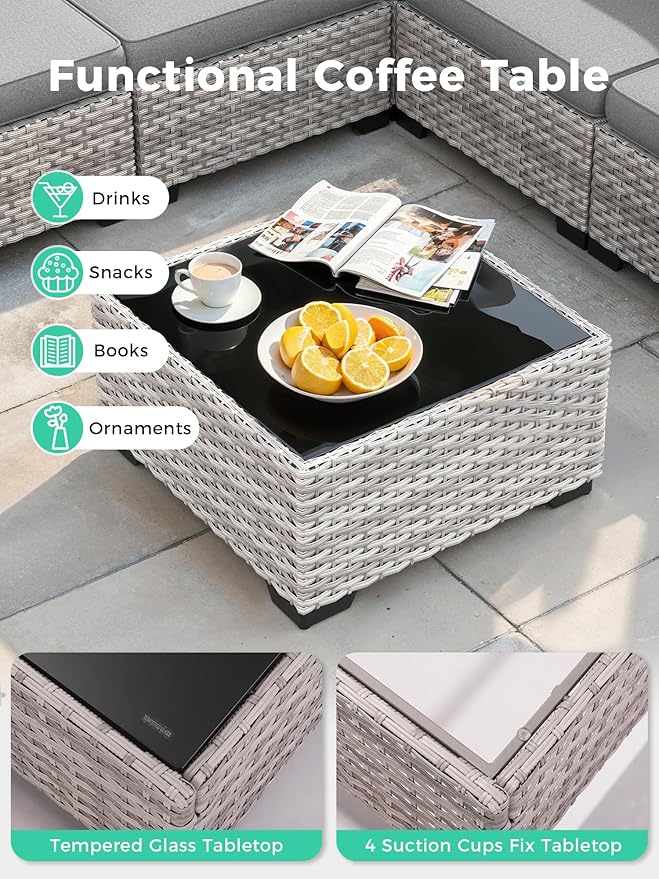 9 Piece Outdoor Wicker Rattan Sectional Sofa Set with Swivel Chairs, 7-Seats Conversation Set with 4" Thickened Cushions & Coffee Table, All-Weather PE Rattan for Garden, Backyard, Porch, Grey