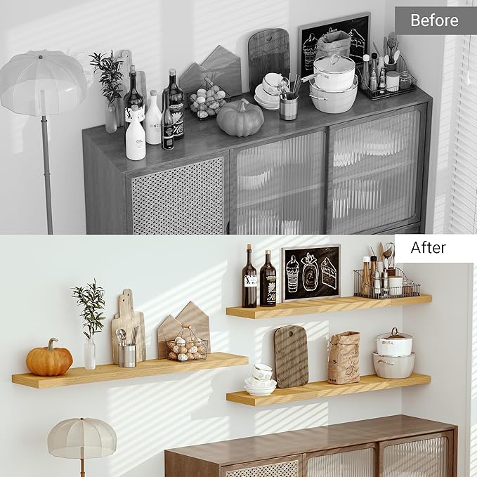 Vivelove 55 inch Long Floating Shelves for Wall, 10.3" Deep & Thicker Storage Shelf for Living Room, Kitchen, Farmhouse,Wall Shelves with Invisible Brackets,Set of 1, Oak