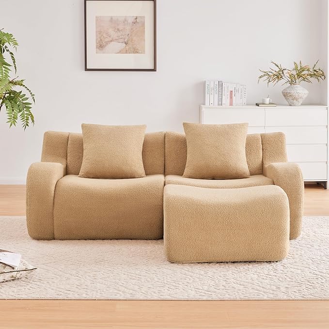 Camel Modular Cloud Couch Loveseat with 1 Ottoman, Teddy Fabric Boneless Sectional Sofa in a Box, Comfortable Floor Sofa for Living Room, No Assembly Required, Sofas para Sala