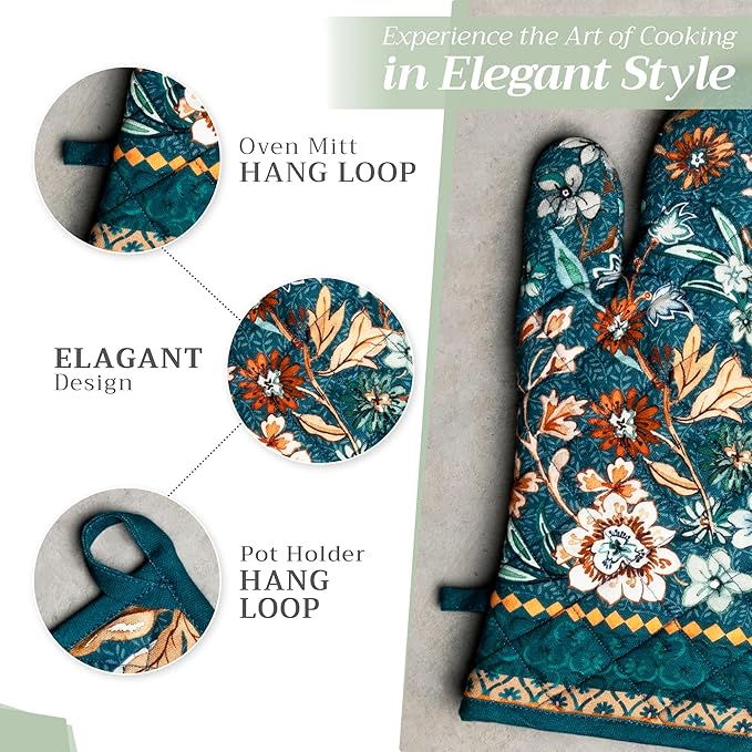 Maison d' Hermine 100% Cotton Oven Mitt & Pot Holder Set (7.5"x13" & 8"x8") Heat Resistant Cooking Gloves with Loop for Thanksgiving Christmas Decorations Handling Hot Pans (Luxury Loft - Dark Teal)