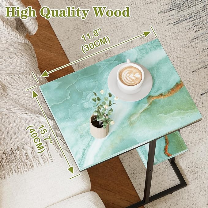 C Shaped End Side Table, Couch Sofa Table for Small Space, Snack Table with Metal Frame, TV Tray Table for Bed, Living Room, Bedroom, Bedside(Sea Blue)