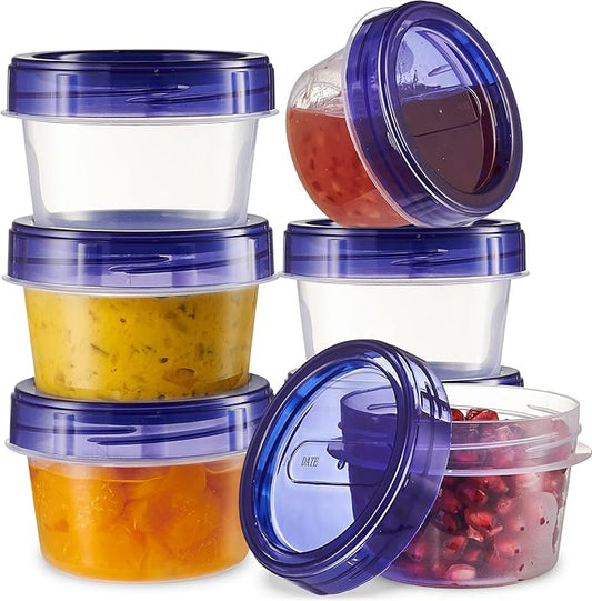 PLASTICPRO 12 Pack Twist Cap Food Storage Containers with Blue Screw on Lid- 4 oz Reusable Meal Prep Containers - Small Freezer Containers Microwave Safe Blue Plastic Food Storage