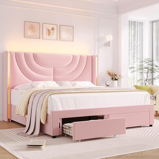 HITHOS Full Upholstered LED Bed Frame with 2 Storage Drawers, Velvet Platform Bed with Wingback Headboard, Solid Wooden Slats Support, No Box Spring Needed, Headboard Splicing Design, Pink
