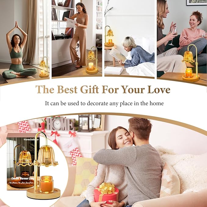 WarmEmbrace Candle Warmer Lamp with Timer Dimmable Light & Adjustable Height, Birthday Gifts for Women Mom Girl,House Warming Gift New Home Decor,Wax Melting Warmer for Jar Candles with 2 Bulbs/Gold