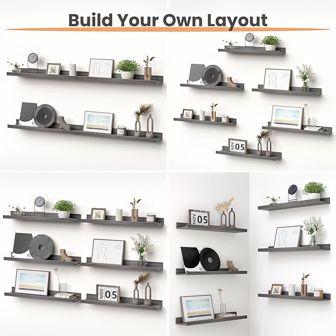 upsimples Floating Shelves for Wall, 23.6 Inch Shelves for Decor Storage Set of 6, Wall Mounted Wood Shelf for Bedroom, Living Room, Bathroom, Kitchen, Long Picture Ledge Shelves, Grey