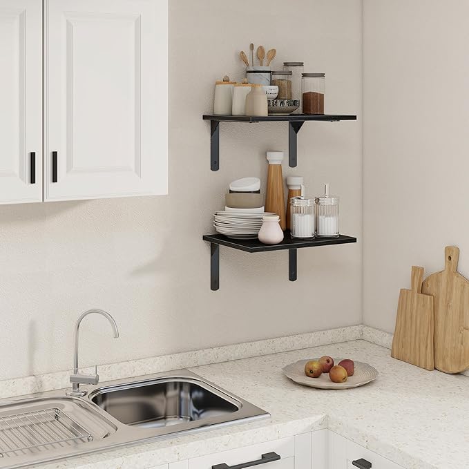 16" W x 12" D Black Floating Shelves for Wall, 12 Inch Deep Floating Shelf with Visible Bracket, Rustic Wood Bookshelf Wall Mounted, Deep Bathroom Shelves for Storage, Set of 2