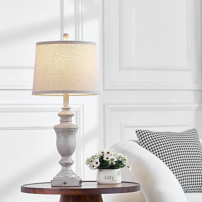 27.5" Set of 2 Farmhouse Table Lamps for Bedroom, 3 Way Dimmable Bedside Lamp with 2 USB +AC Outlet Nightstand Lamps for Living Room Resin Rustic Touch Lamps (Antique Gray)