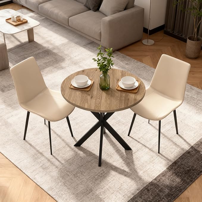 31.5" Round Dining Table and Chairs Set for 2, Small Dining Table Chairs Set Space-Saving, Round Table Set with Upholstered Chairs for Kitchen Dining Room Apartment(Natural + Beige)