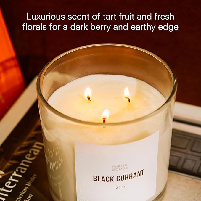Public Goods Scented Soy Candle for Women & Men | Large 3 Wick Glass Candle | Long Lasting & Non Toxic | Made with Natural Soy Wax & Organic Essential Oils | Gift Box | 12.3oz Jar | Black Currant