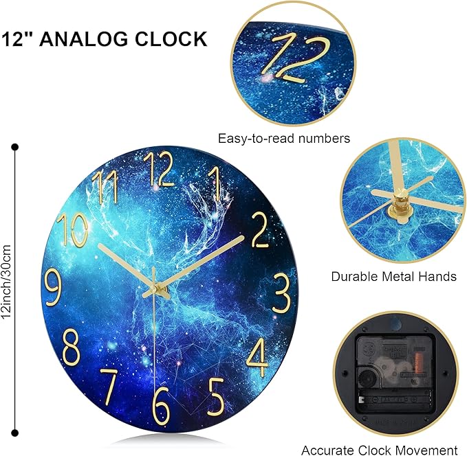 Lafocuse 12 Inch Blue Wall Clock Silent Non Ticking, Galaxy Glass Clocks Battery Operated for Living Room Bedroom Kitchen Decor, Deer Pattern