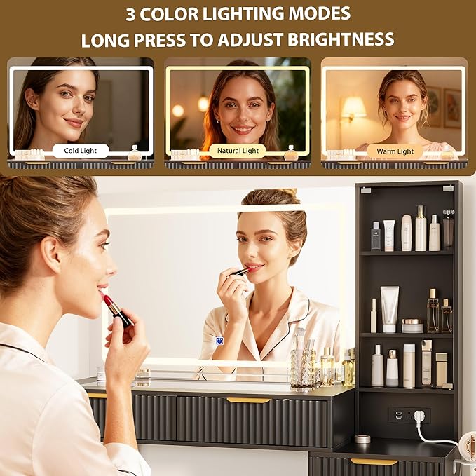 GarveeHome Fluted Makeup Vanity Desk with Lights, 48" Big Vanity with Glass Top and Large 36" HD Lighted Mirror, Modern Dressing Table with 5 Drawers 3-Tier Shelves Set w/Charging Station (Dark Grey)