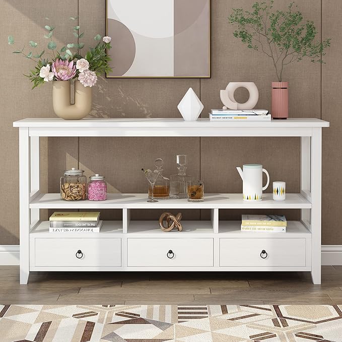 Karl home Console Table with 3 Bottom Drawers, 57.9" W Sofa Side Table Entryway Desk with 3 Storage Cubbies 1 Open Shelf, Vintage TV Stand for Hallway Living Room Office, White 29.9" H