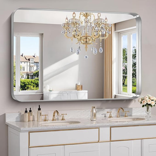 FORBATH 55x36 Inch Large Bathroom Mirror for Double Sinks, Brushed Silver Deep Frame Wall Mirror with Rounded Corners, Anti-Rust Tempered Glass for Modern Farmhouse Vanity (Horizontal/Vertical)