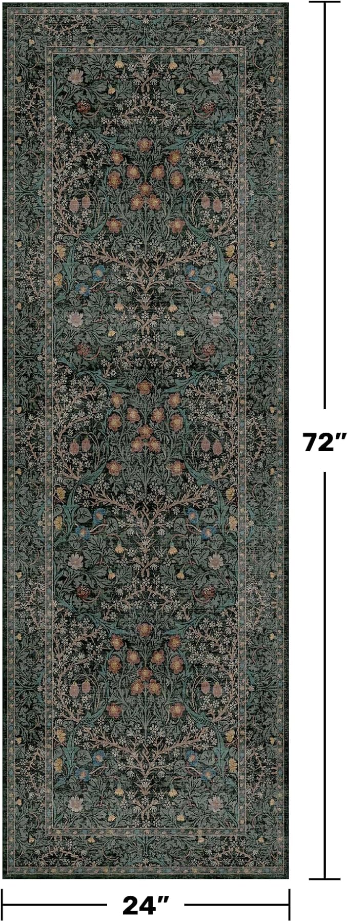 Non Slip 2x6 Kitchen Runner Rug Washable, Rubber Backed Hallway Runner Rugs, Boho Vintage Floral Botanical Dark Green Non Skid Carpet for Entryway, Bathroom, Hall Way Mats for Floor