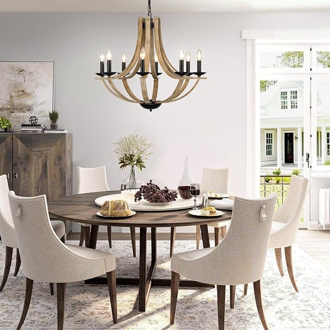 Farmhouse Chandeliers for Dining Room Light Fixture, 8-Light 28" Adjustable Height Retro Faux Wood Texture Rustic Light Fixtures for Living Room Bedroom Kitchen Island Foyer Entryway