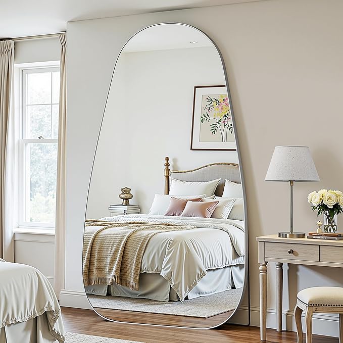 Antok Full Length Mirror, 81"x41" Floor Mirror with Stand,Standing Hanging Leaning Irregular Mirrors for Bedroom Living Room Entryway,Tear Drop Style,Silvery
