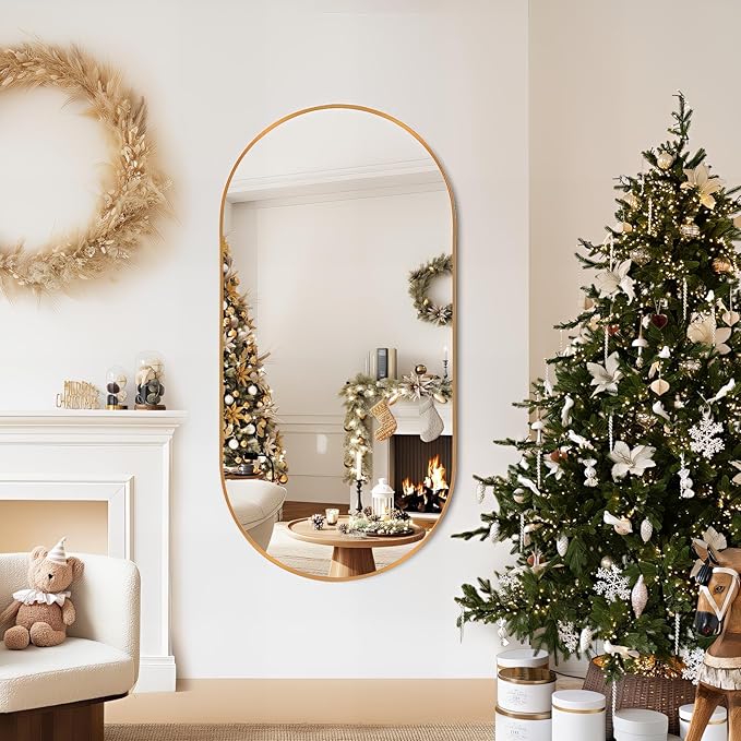 Oval Full Length Mirror, 60"×30" Wall-Mounted Mirror with Metal Frame, Ultra-Clear Explosion-Proof Dressing Mirror, Simple and Classic Deco for Cloakroom/Bedroom/Living Room, Gold