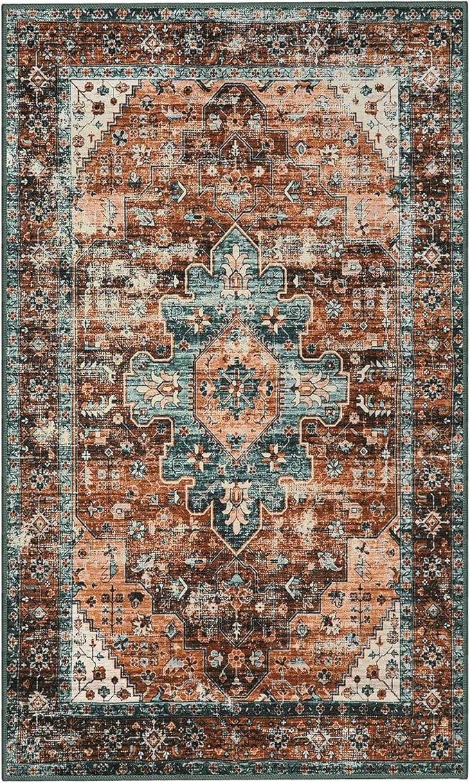 Moynesa 8x10 Ultra-Thin Vintage Area Rug - Oriental Print for Bedroom, Living Room, Under Table, Office, Entryway - Brick Red/Dull Teal