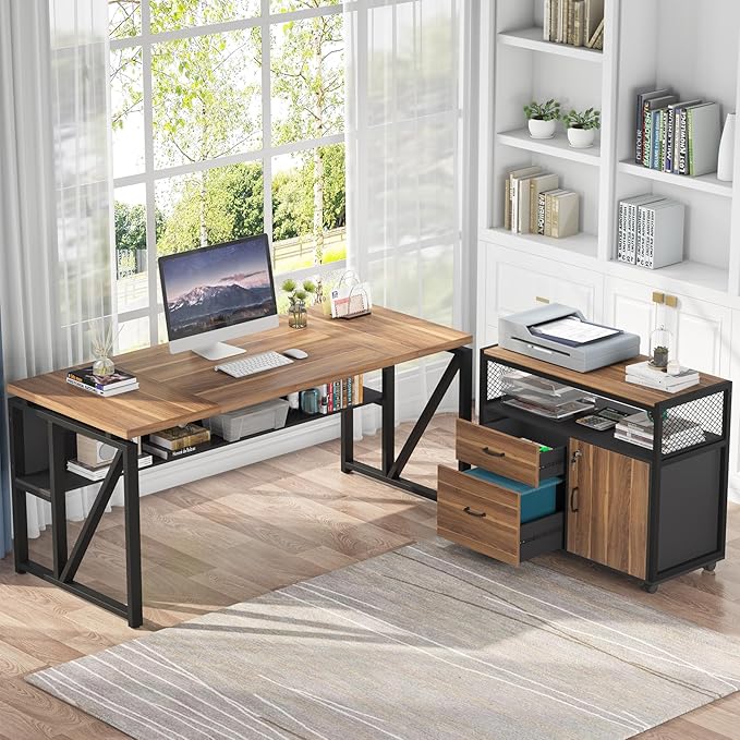 Tribesigns 63" L Shaped Desk with Drawer Cabinet, Executive Computer Desk and lateral File Cabinet, 2 Piece Home Office Furniture with Drawers for Hanging File, Doors with Locks (Brown, 63 inches)