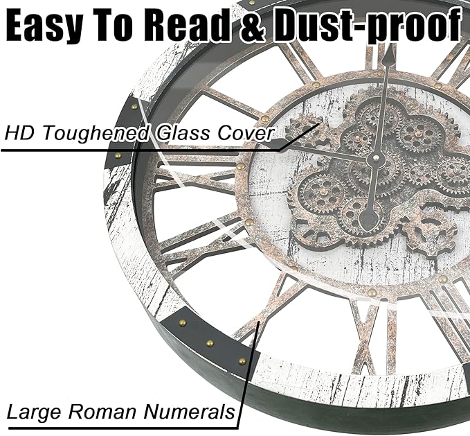 DORBOKER 24" Large Wall Clock with Moving Gears,Oversize Vintage Industrial Rustic Farmhouse Clocks for Living Room Decor Office Home,Solid Wood HD Tempered Glass Cover,White Grey