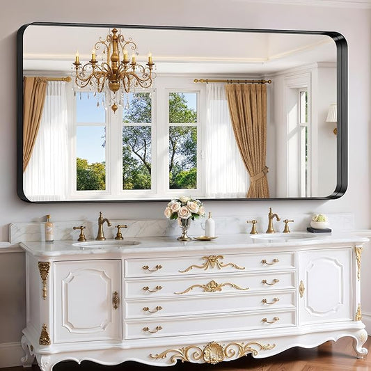 FORBATH 72x36 Inch Oversized Bathroom Mirror for Double Sinks, Brushed Black Deep Frame Full Length Wall Mirror with Rounded Corners, Anti-Rust Tempered Glass (Horizontal/Vertical)