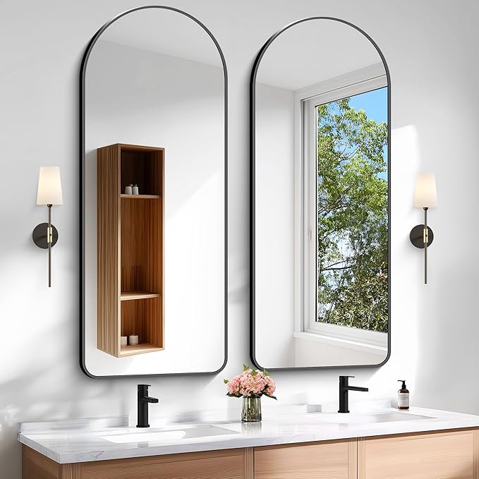 Arched Bathroom Mirror, 16"x48" Black Arched Mirror for Bathroom, Wall Mounted Mirror, Vanity Wall Mirror w/Metal Frame for Bedroom, Entryway, Living Room, Vertically Hanging