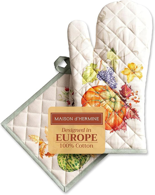 Maison d' Hermine 100% Cotton Oven Mitt & Pot Holder Set (7.5"x13" & 8"x8") Heat Resistant BBQ Cooking Gloves with Loop for Thanksgiving Christmas Decorations Handling Hot Pans (Lumina)