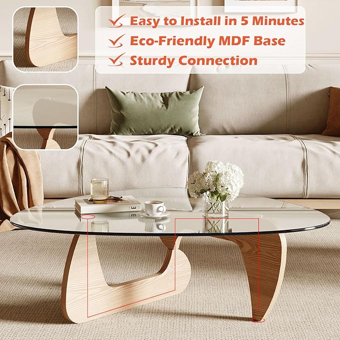Modern Coffee Table for Living Room and Small Spaces, 43.3" x 29.5" x 15.8" Triangle Tempered Glass Table Top and Eco-Friendly MDF Base, Natural Wood