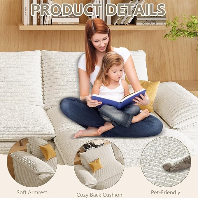 142" Cloud Sectional Couch with U-Shaped Chaise, Corduroy Sectional Sofa with Ottoman, Boneless Couch with Deep Seat in a Box for Living Room, No Assembly Required (White)