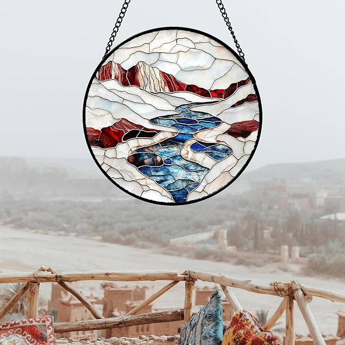 Stained Glass Window Hanging 4 Pcs Set Winter Skiing Red Christmas House 6.3" - Suncatcher Door Garden Sun Catcher Decor Birthday Mother's Day for Mom Woman Nana Friend