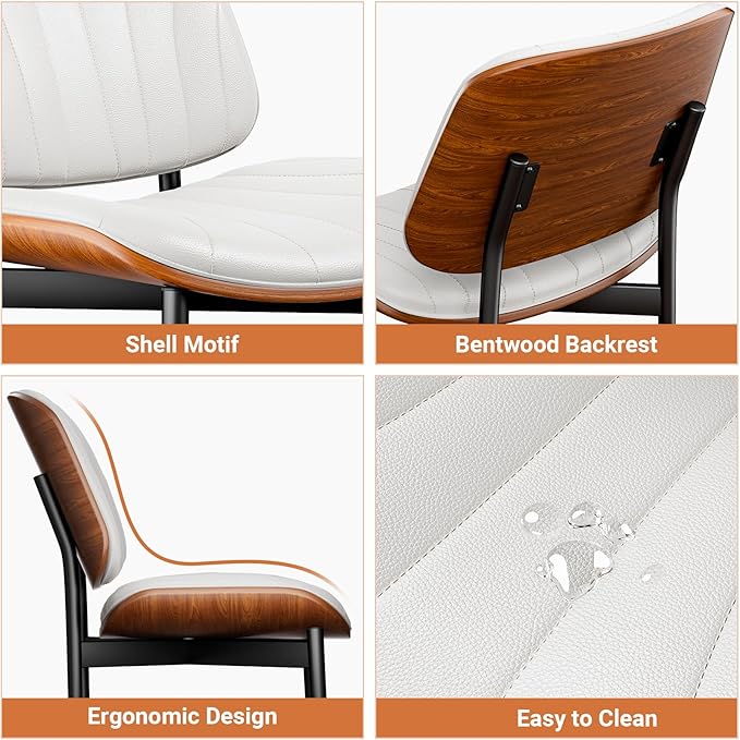 Dining Chairs Set of 8, Dining Room and Kitchen Chairs, FSC Certified Mid Century Modern Accent Chair, Upholstered PU Leather Chairs for Vanity with Walnut Bentwood and Metal Legs, White