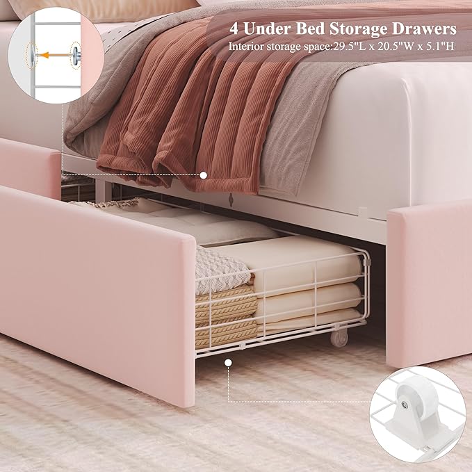 HOSTACK Queen LED Bed Frame with Storage Headboard and Charging Station, Girls Bed Frame with 4 Drawers and USB Ports, Velvet Upholstered Platform Bed Frame with Bookcase, No Box Spring Needed, Pink