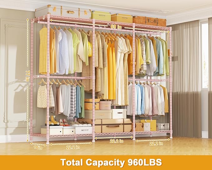 E14 Heavy Duty Clothes Rack，Freestanding Clothing Racks for Hanging Clothes，Adjustable Closet Organizers and Storage，Metal Garment Rack with Shelves 69" W x16 D x77 H，Max Load 960LBS，Pink