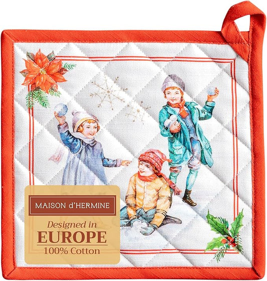 Maison d' Hermine Pot Holders 100% Cotton Heat Resistant Potholders 8" x 8" Hot Pads with Loop for Thanksgiving Christmas Decorations BBQ Cooking Baking Handling Hot Pans (Pack of 1, Chromo)