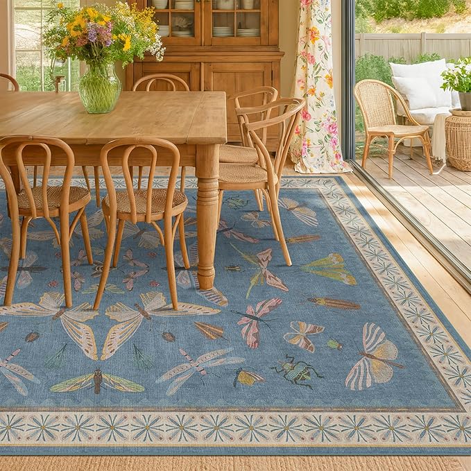 Washable Living Room Rug 8x10, Dusty Blue Area Rugs for Bedroom Under Bed, Dining Room Under Kitchen Table, Kids Room, Playroom, Lage Modern Boho Carpet, Ultra Soft Stain Resistant Colorful Decor