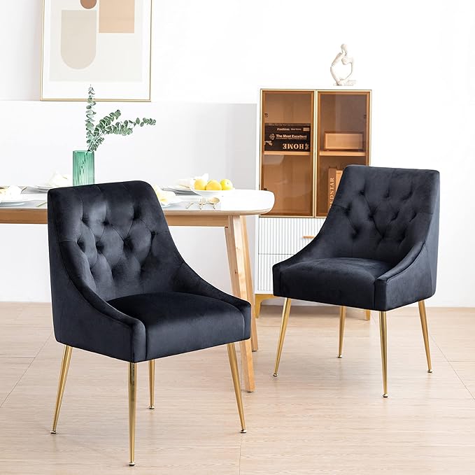 Modern Dining Chairs Set of 2, Mid Century Dining Chairs with 5.12” Cushions and Golden Legs, Velvet Upholstered Chairs with Back Pull Rod, for Kitchen, Living Room (Black)