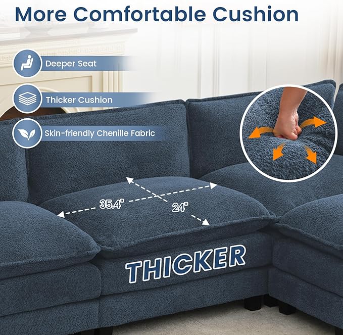 ROWHY Oversized Modular Sectional Couch with 2 Movable Ottoman, 148" Modern Convertible U Shaped Sofa Set, 4 Seat Comfy Cloud Couch with 2 Throw Pillows, for Living Room, Chenille, Royal Blue