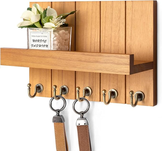 Rebee Vision Farmhouse Key Holder for Wall - Decorative Wall Shelf with Key Hooks & Mail Organizer Wall Mount for Apartment Essentials - Rustic Living Room Decor (Light Brown, 3.54"D x 10"W x 7.28"H)