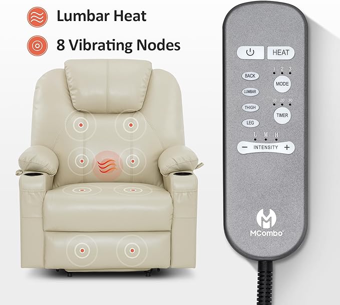 MCombo Oversized Power Lift Recliner Chair for Elderly, Lift Chair with Heat and Massage for Big and Tall, USB&Type C Ports, Cup Holders, Faux Leather R7510 (Cream White, Large-Wide)