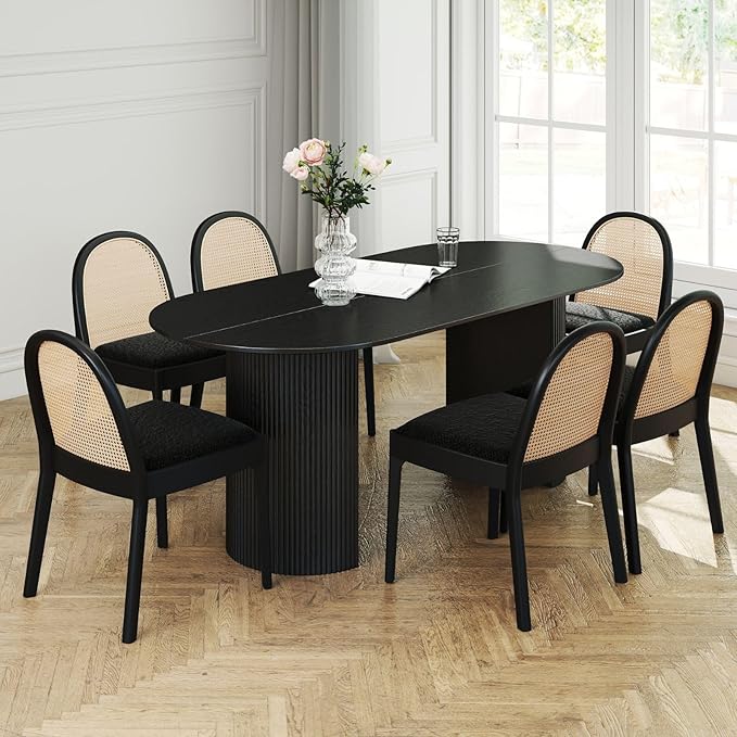 LukeAlon Modern Sherpa Dining Chairs Set of 6, Natural Woven Rattan Cane Back Side Chairs with Solid Wood Legs Mid Century Dinner Chairs for Kitchen Living Room, Black