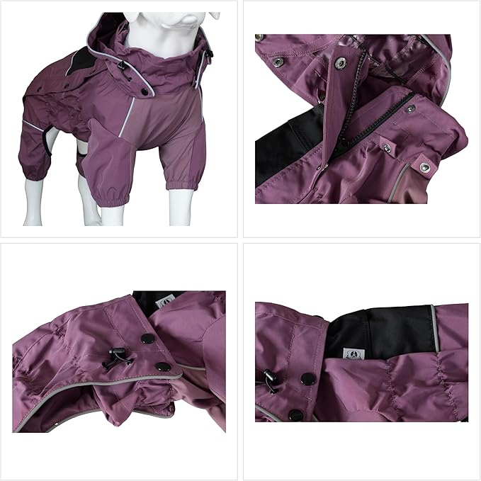 LOVELONGLONG Waterproof Dog Raincoat with Removable Hood – Outdoor Full Body Dog Jacket, Windproof Snowproof Shell Suit – All Season Pet Rain Gear Plum Purple 4XL