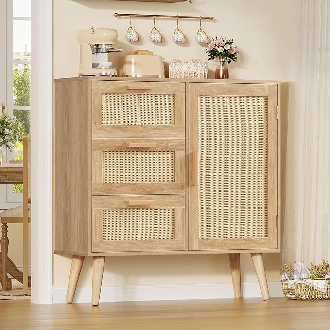 Iwell Storage Cabinet with 3 Drawers, Rattan Cabinet with Adjustable Shelf, Small Storage Cabinets, for Living Room, Entryway, Natural