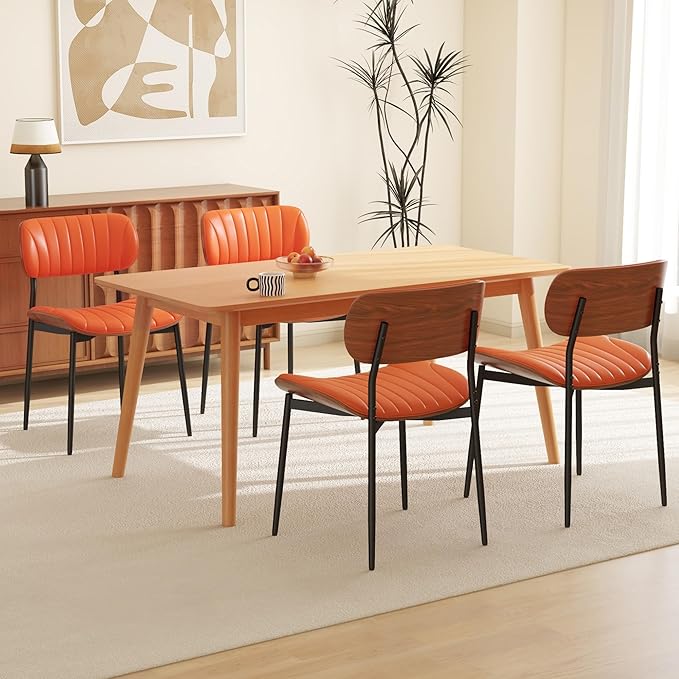 Modern PU Leather Dining Room Chairs Set of 4, Upholstered Kitchen Chairs with Walnut Bentwood Back and Metal Legs Adjustable Feet for Kitchen Dining Room(Orange)