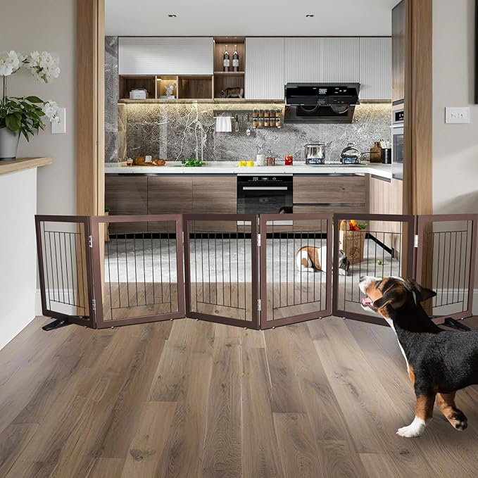 ZJSF Freestanding Dog Gate Indoor, Foldable Dog Fence for Doorways,Hallways or Stairs, Sturdy Wood Extra Wide Pet Gate with Support Feet,Brown,24 "Height-6 Panels