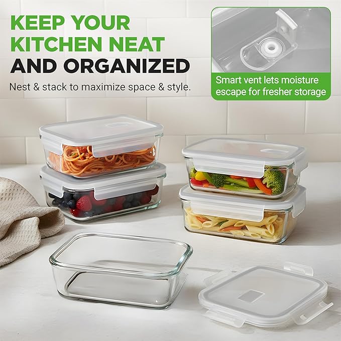 NutriChef 10 Piece Glass Food Storage Containers with Lids – 30 oz Meal Prep Containers Reusable – Airtight Glass Lunch Containers for Food Storage – Freezer to Oven Safe - Gray