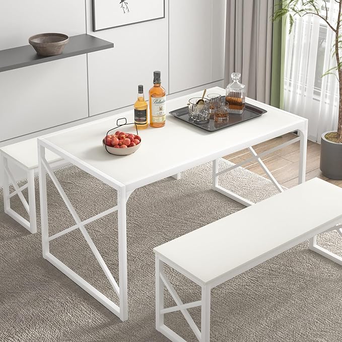 VECELO Kitchen Dining Table Benches Set for 4, 55" Wooden Dinette with 2 Benches, Heavy-Duty Dining Room Table for Small Space, Breakfast Nook, White